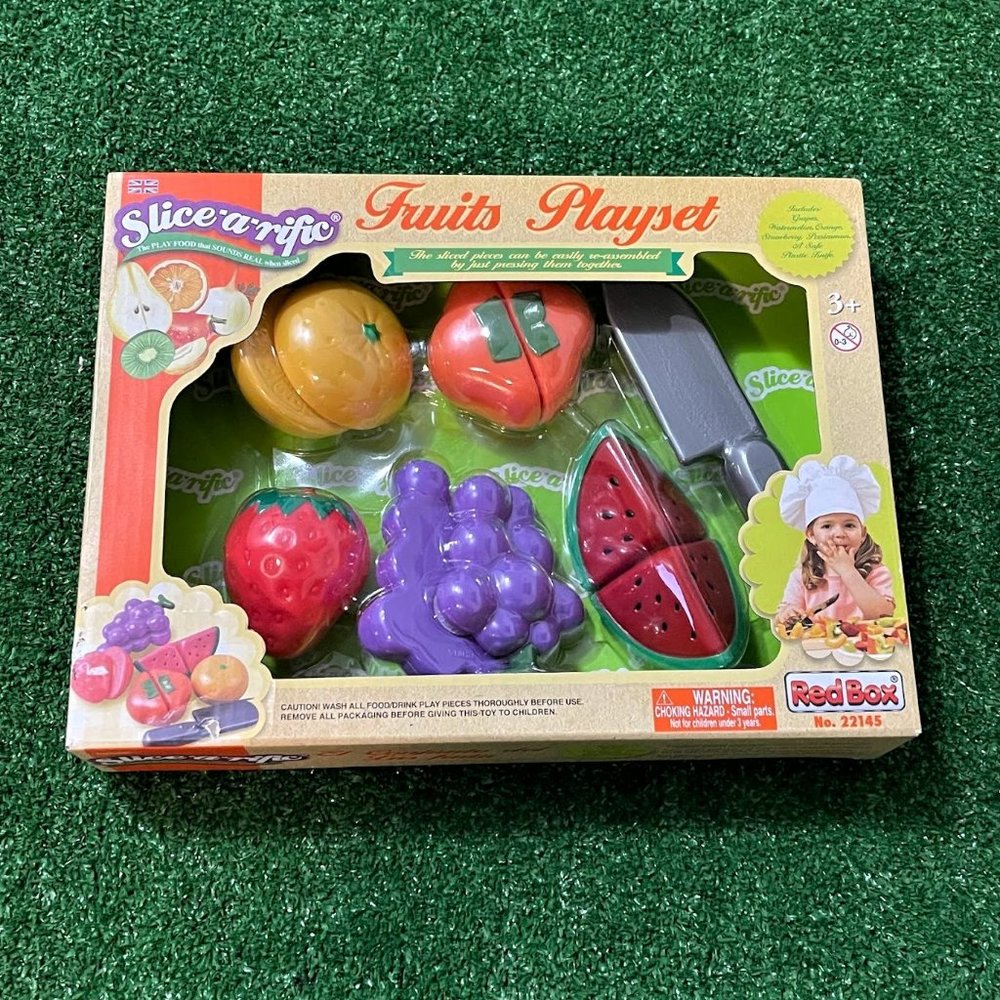 Pretend Food Play Set FRUITS Red Box Food and Accessories 11 Pcs Easy-Slide NEW